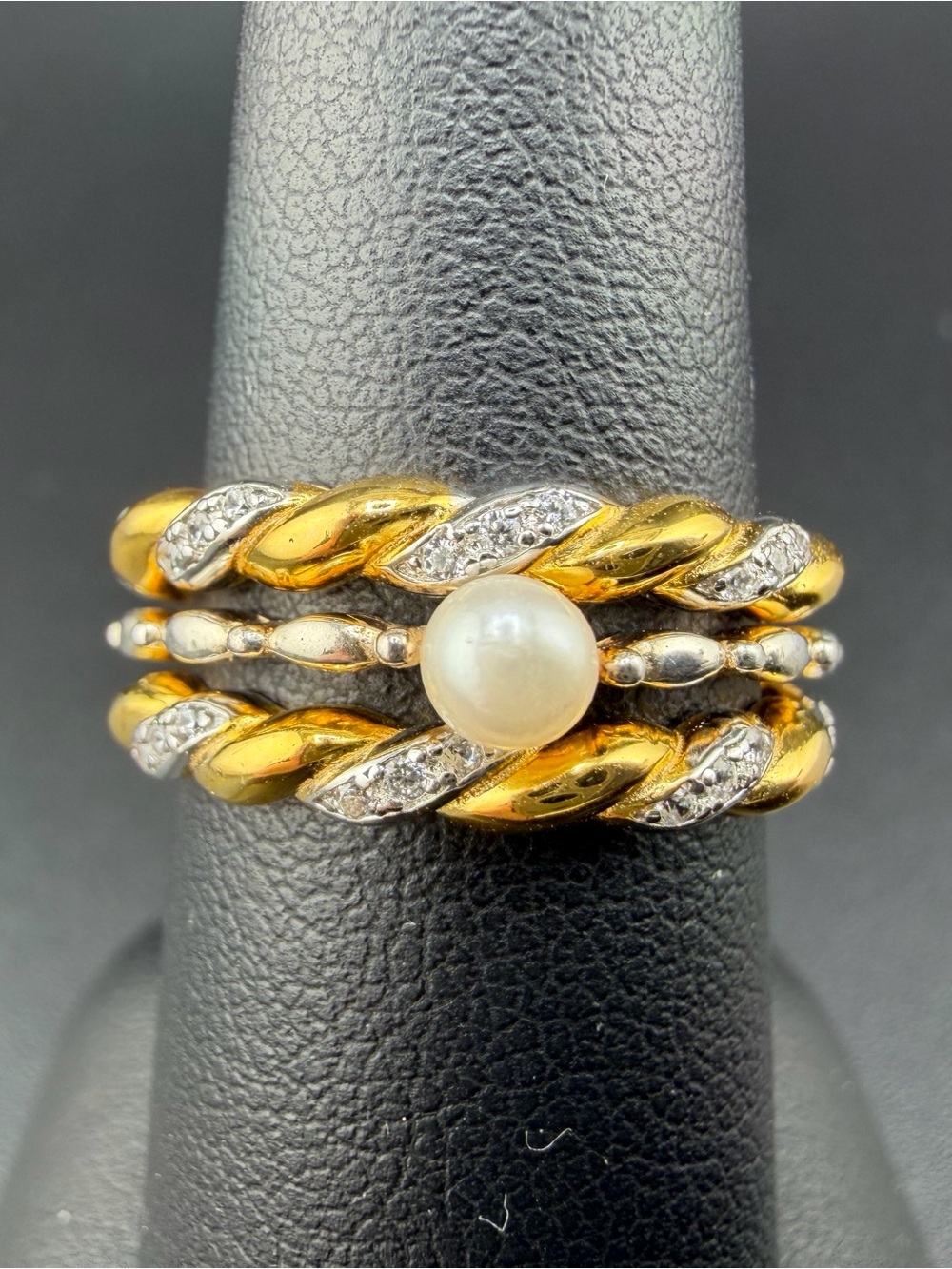 Gold over 925 Sterling Silver Twist Bands & Pearl Stackable Rings Set Lot Sz 7